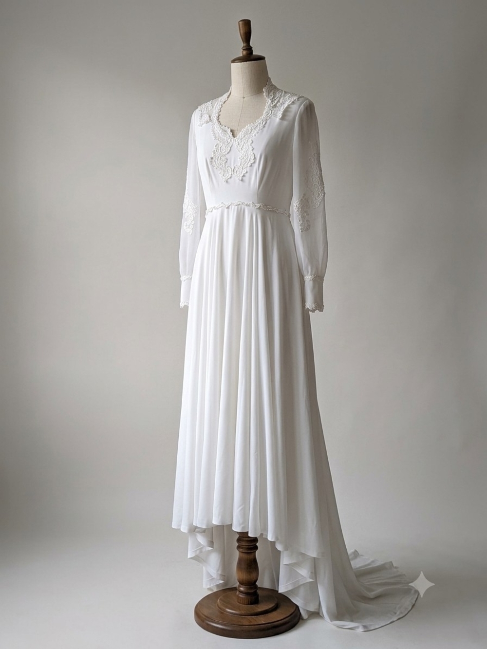 Vintage 70s White Wedding Gown Classic Lace Applique Long Sleeves Womens